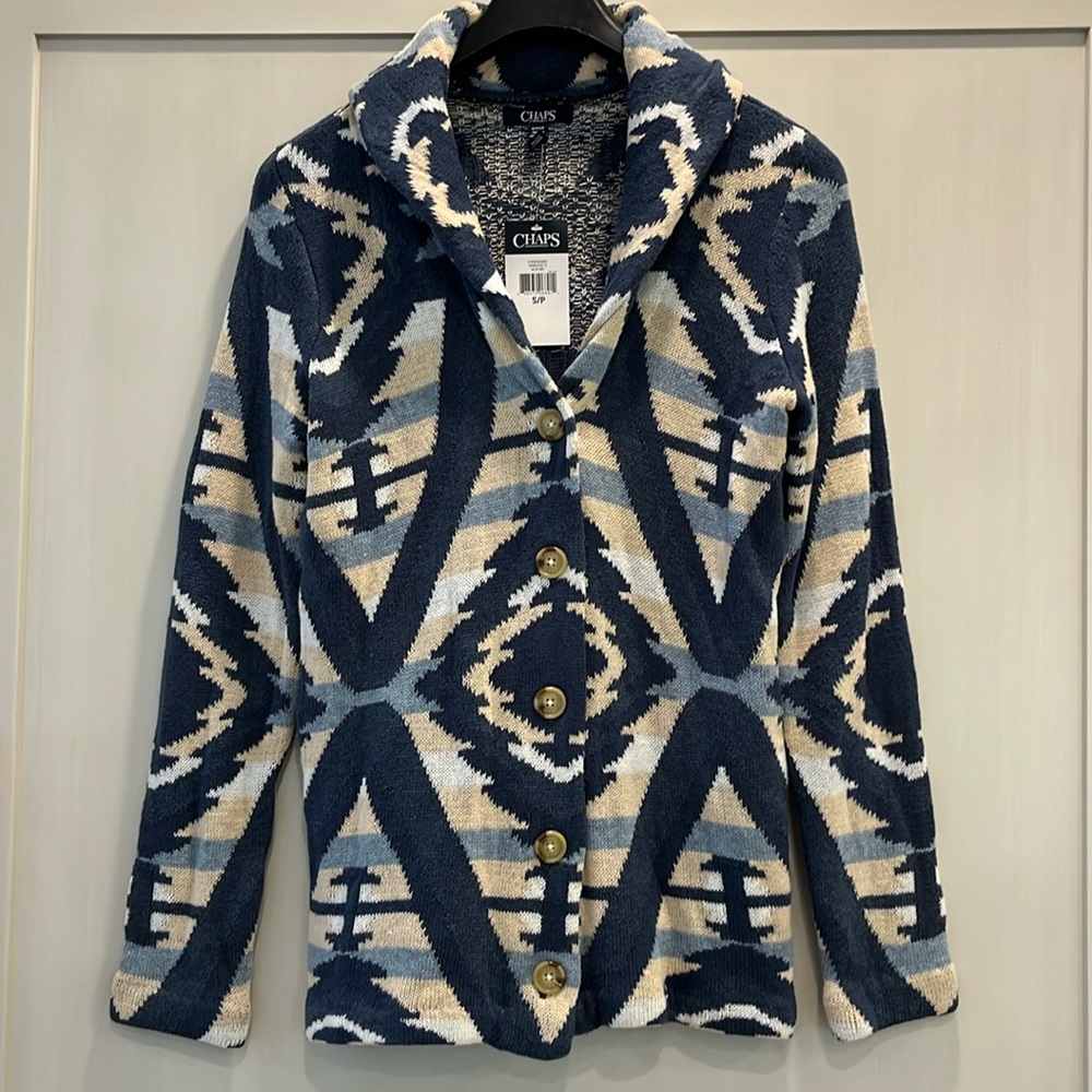 NWT Chaps Cowichan western weave blue white and cream long sleeve cardigan